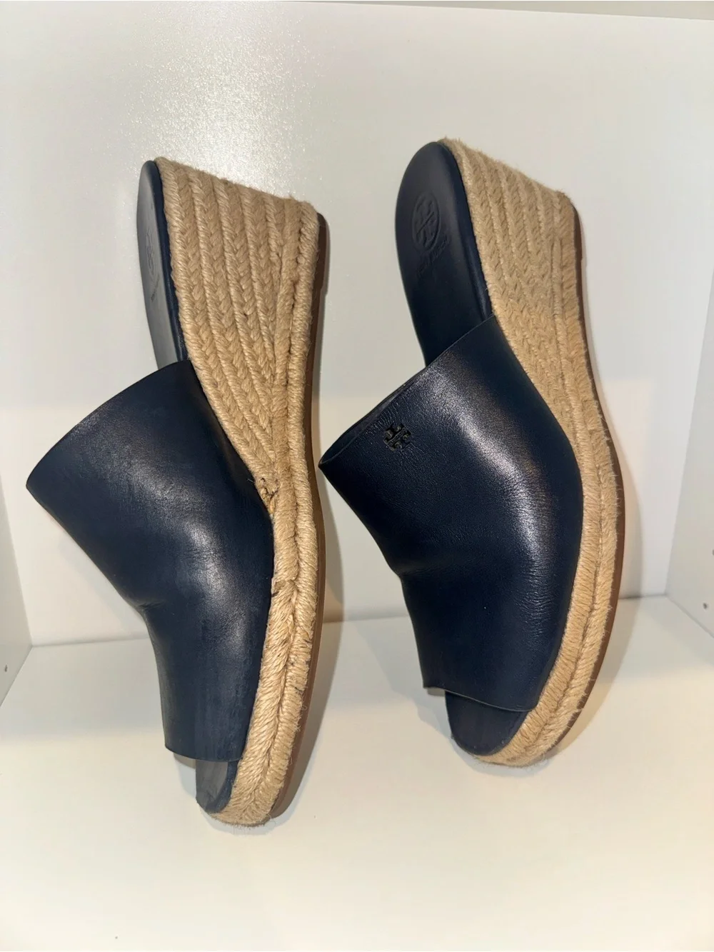 Tory Burch Landon Navy Leather Espadrille Wedge Slide Sandals Size 9